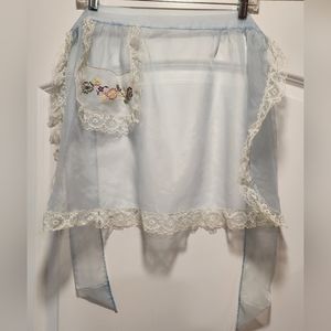 LOVELY VINTAGE BLUE SHEER WITH LACE HALF APRON EMBROIDERED FLOWERS